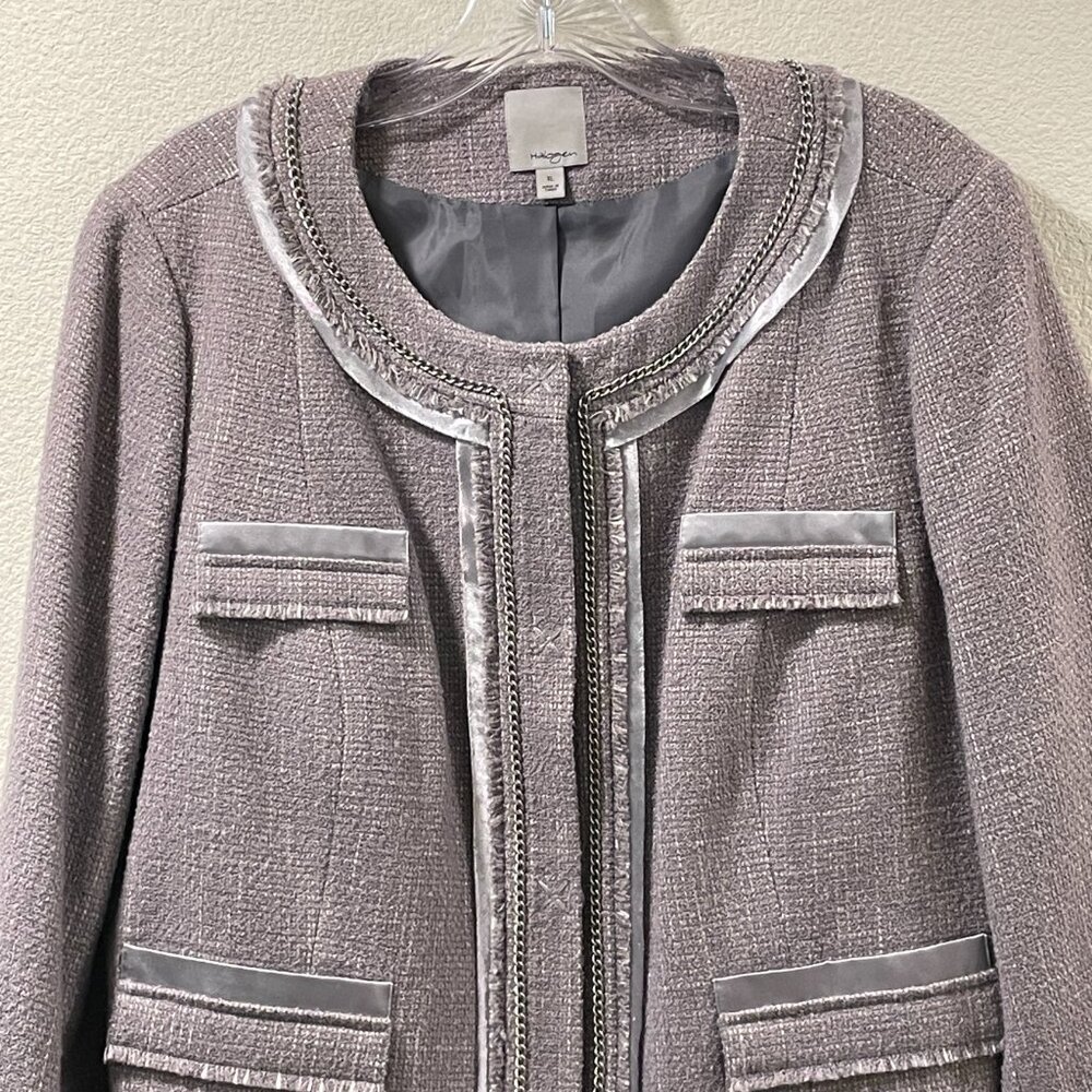 HALOGEN Wool Blend Embellished Gray Tweed Blazer 3/4 Sleeve Women XL - Picture 4 of 8